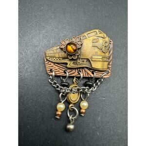 Vintage Modernist Abstract Brass Metal Tiger Eye Pearl Dangle Drop Brooch Pin